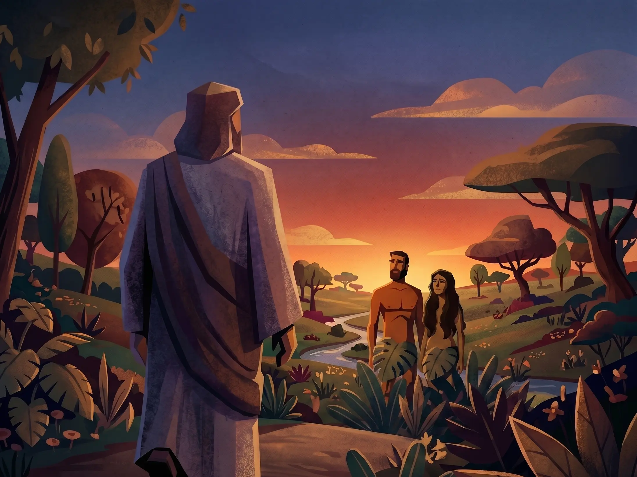 Ilustração de Deus olhando para Adão e Eva em um jardim exuberante ao pôr do sol.