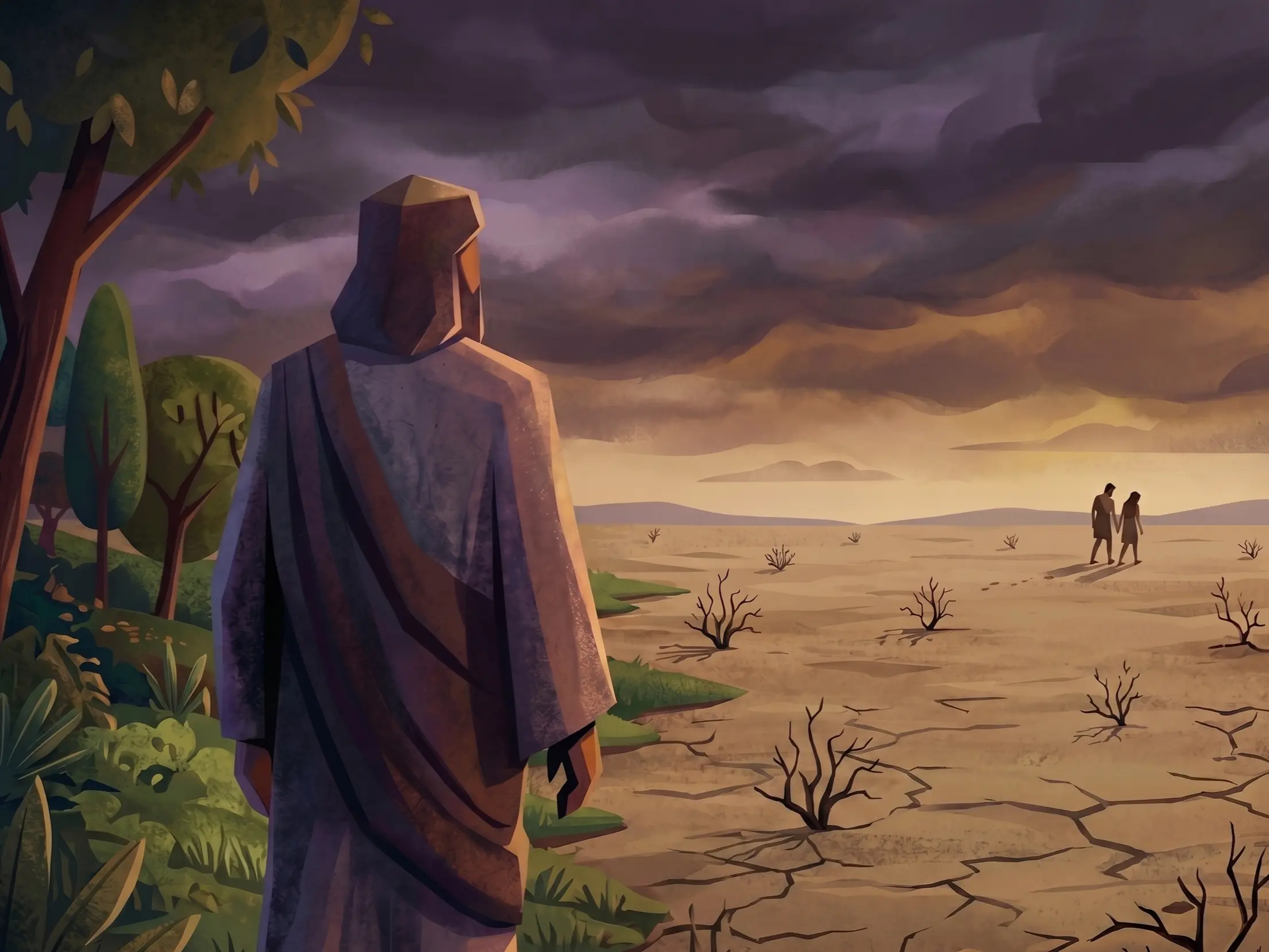 Ilustração de Deus observando Adão e Eva irem embora do paraíso após pecarem, caminhando de mãos dadas por uma terra seca e rachada sob um céu de tempestade.