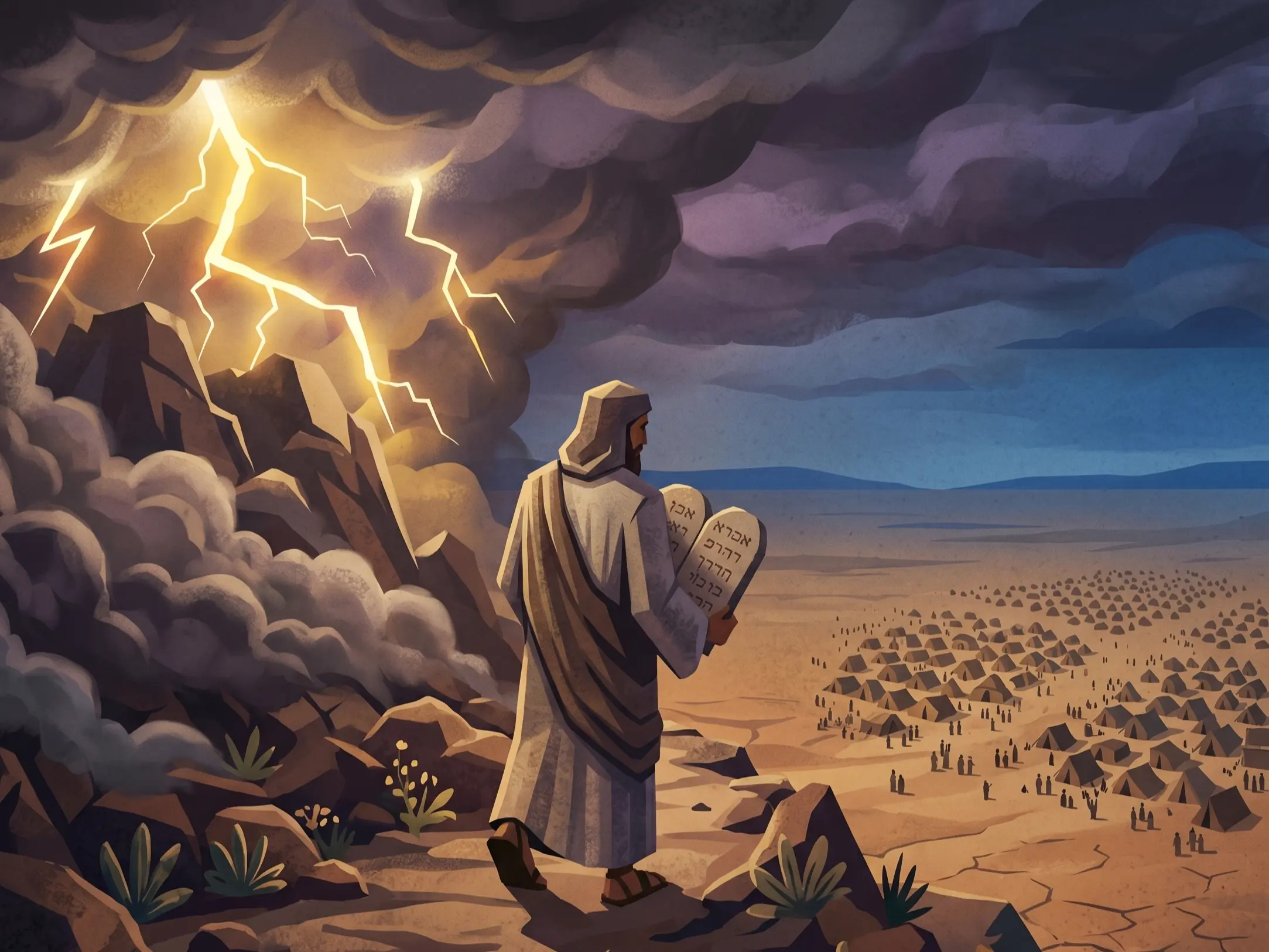 Ilustração de Moisés segurando as tábuas dos Dez Mandamentos no topo do Monte Sinai, com raios no céu e o acampamento dos israelitas abaixo.