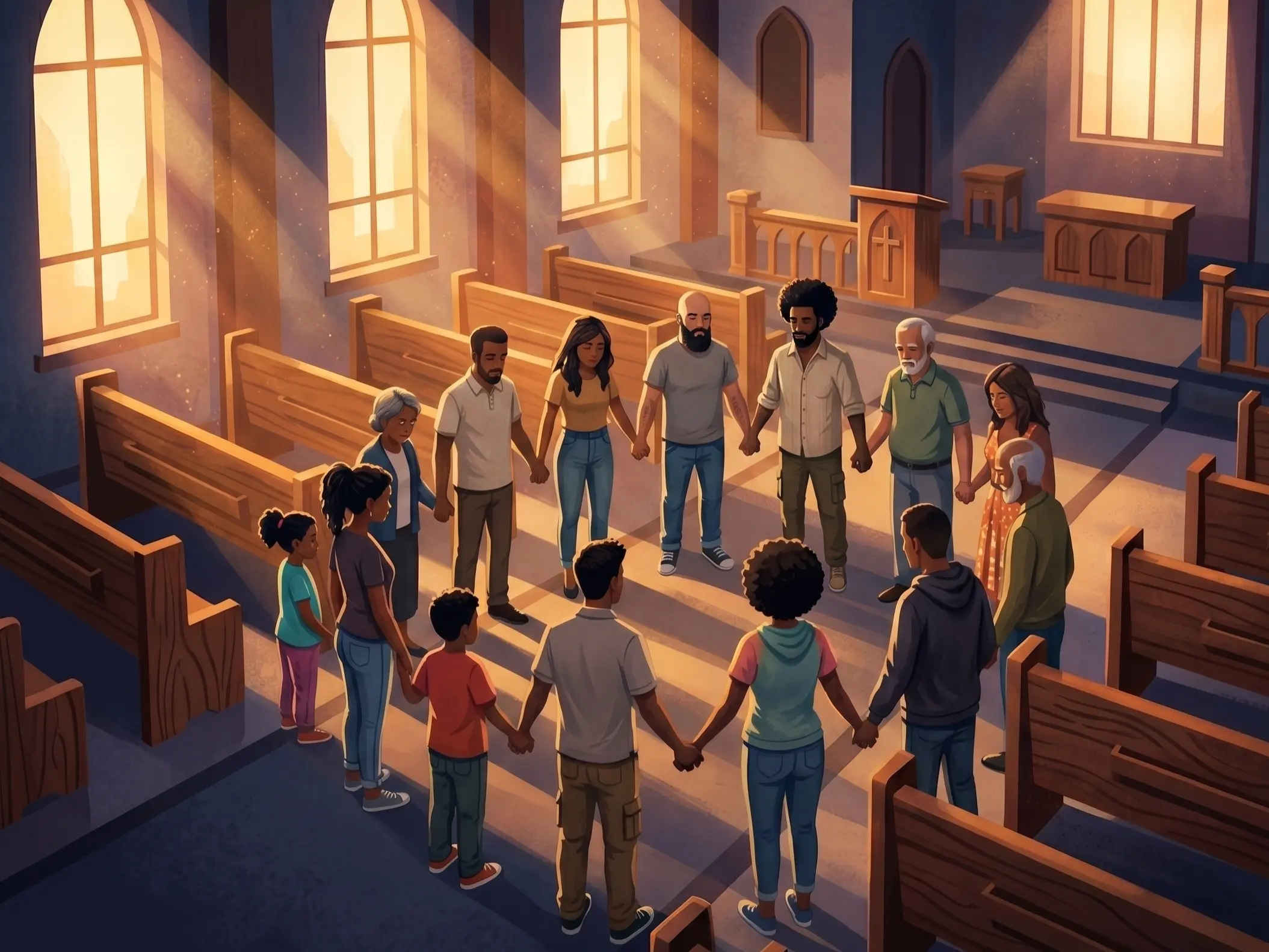 Ilustração de um grupo diversificado de pessoas, incluindo crianças e idosos, de mãos dadas em círculo dentro de uma igreja iluminada pelo sol, realizando uma oração comunitária uns pelos outros.