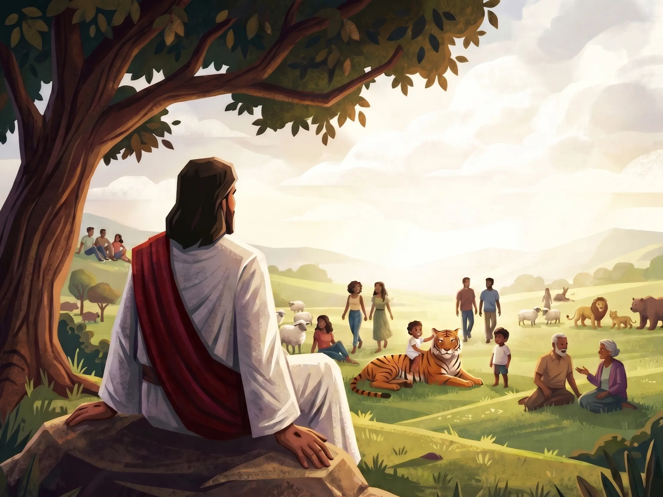 Ilustração de Jesus na Nova Terra restaurada, sentado sob uma árvore observando pessoas e animais selvagens, como um leão, um tigre e um urso, convivendo em perfeita paz em um vale verdejante.